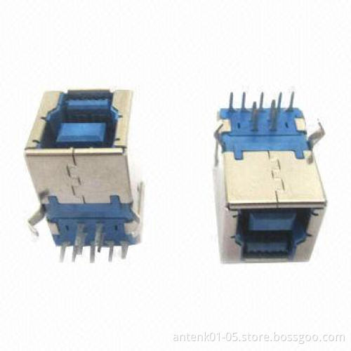 USB 3.0 Connectors with B-type, Female, Right Angle DIP Type, Brass and Full Nickel-plated Shell